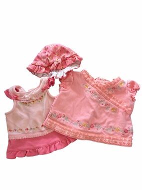 Nannette Vintage Pink Floral Baby Shirt Set with Matching Sun Hat 0-3M
